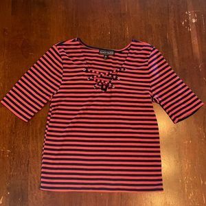 Lace-up Striped Ribbed Short-Sleeved Top